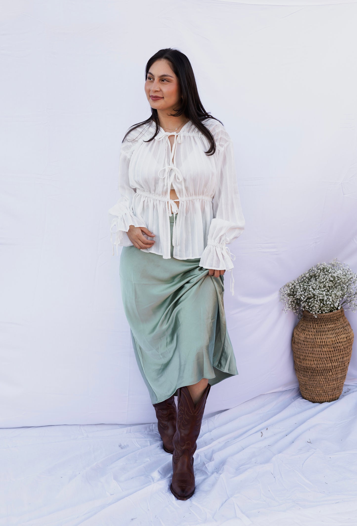 Clover - Sage Satin Midi Skirt