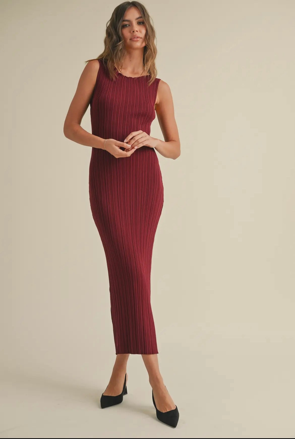Merlot- Ribbed Midi Dress